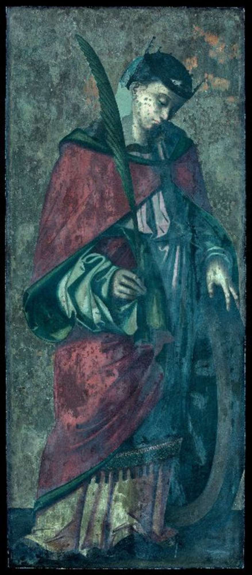 Santa Caterina prima dell'intervento di restauro, analisi diagnostiche, ripresa fotografica in fluorescenza ultravioletta - ph.: Davide Bussolari